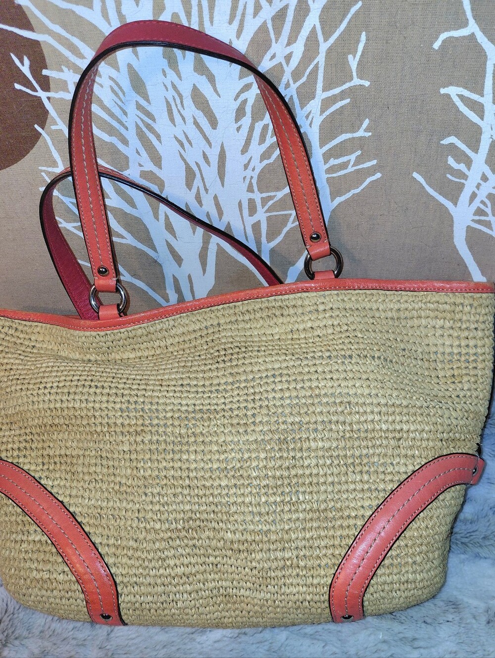 Coach Straw Tote Tangerine & Red Leather Trim Front Pocket L1269-22904 - Picture 8 of 12